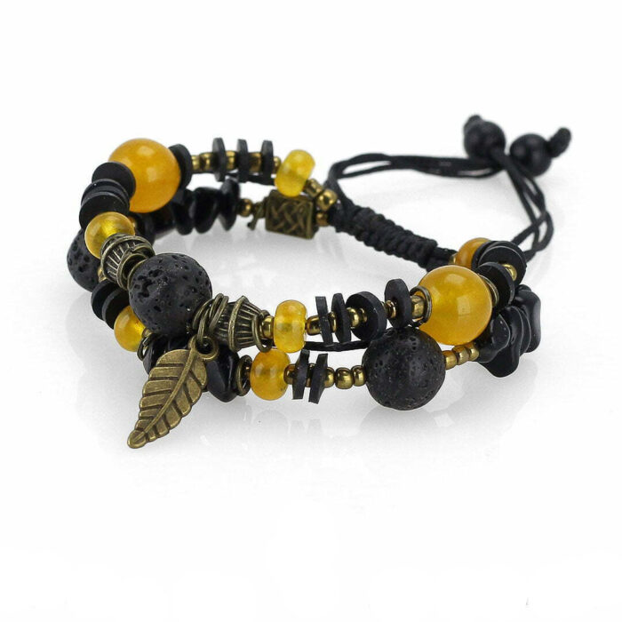 Lava and Yellow Agate and Black Tourmaline bracelet, Mineral, Boho style