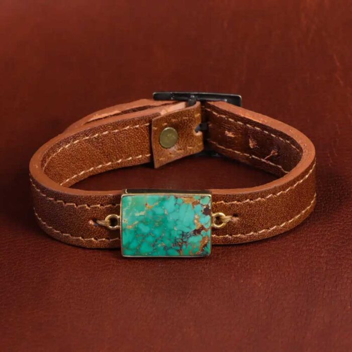 Turquoise Bracelet Allure, Authentic Feroza on Brown Leather