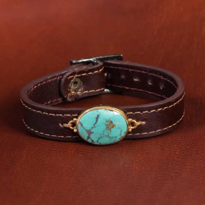 Feroza Bracelet Splendor, Real Turquoise with Brown Leather Sophistication