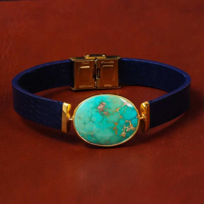 Neyshabur Turquoise Bracelet Elegance, Real Gemstone on Dark blue Leather