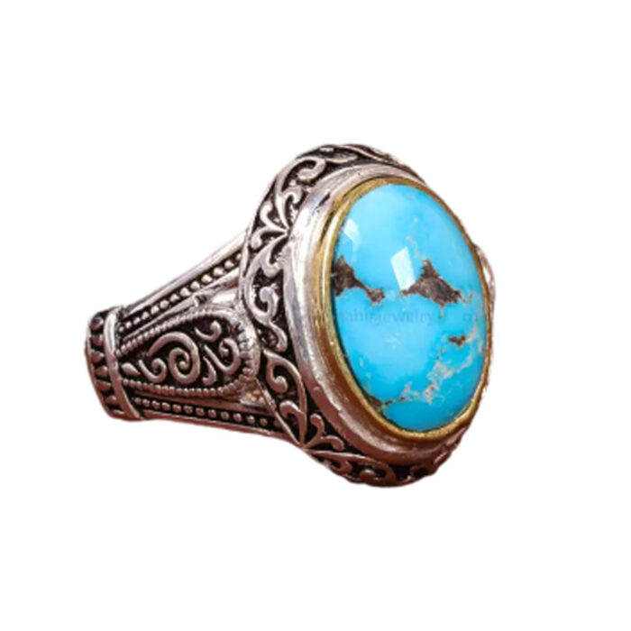 Nishaburi Turquoise Inlaid Men’s Silver Ring, Code 19500