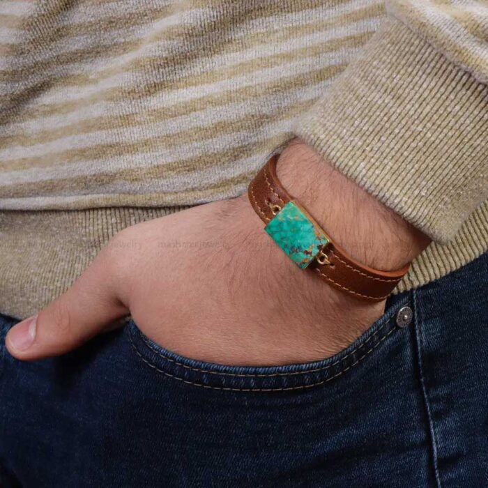 Turquoise Bracelet Allure, Authentic Feroza on Brown Leather