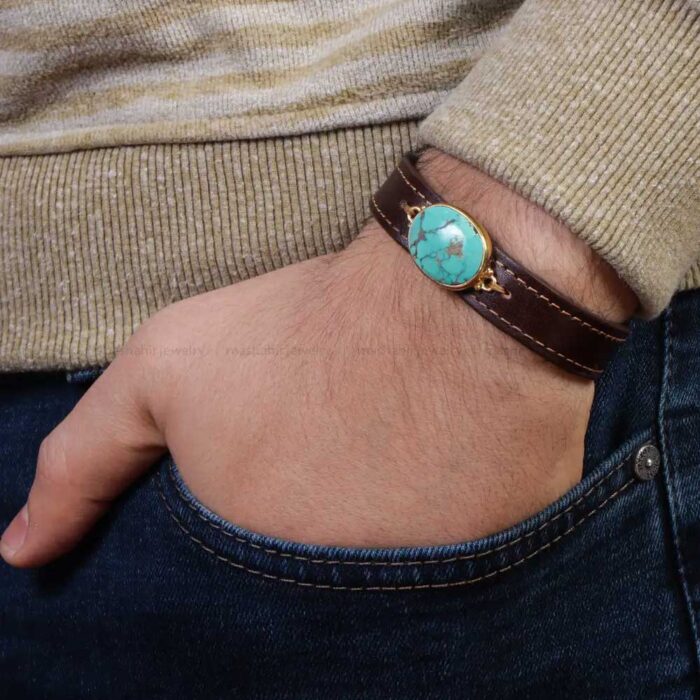 Feroza Bracelet Splendor, Real Turquoise with Brown Leather Sophistication