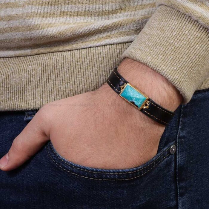 Firooze Bracelet Majesty, Shajari Turquoise Meets Black Leather Craft