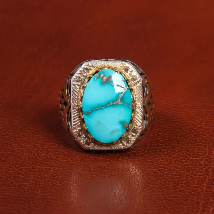 Nishaburi Turquoise Accent Men’s Silver Ring, Code 19530