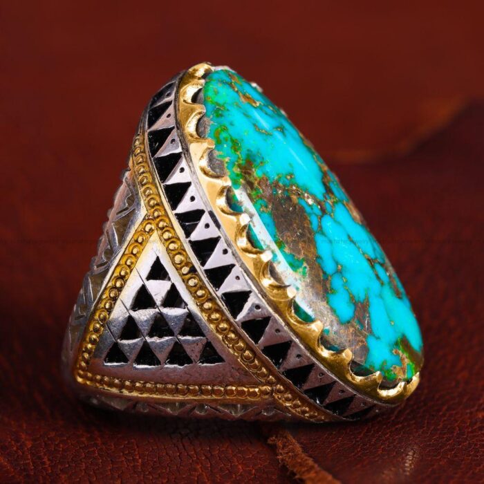 Nishaburi Turquoise Engraved Men’s Silver Ring, Code 11889