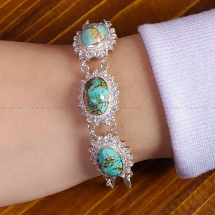 Vintage Style Real Turquoise Stone Bracelet for Women’s on 925 Silver