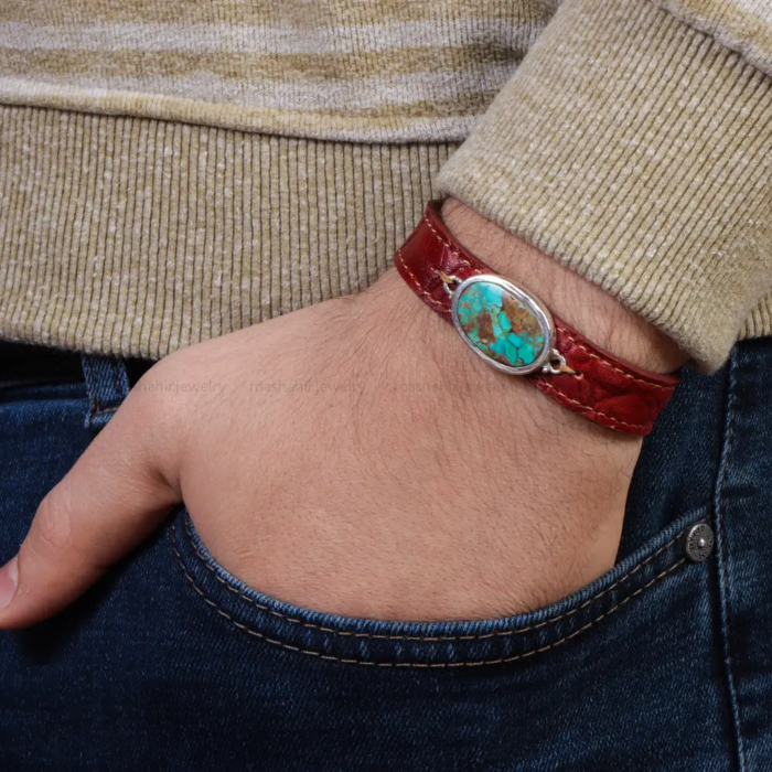 Feroza Bracelet Elegance, Real Turquoise Stone on Leather