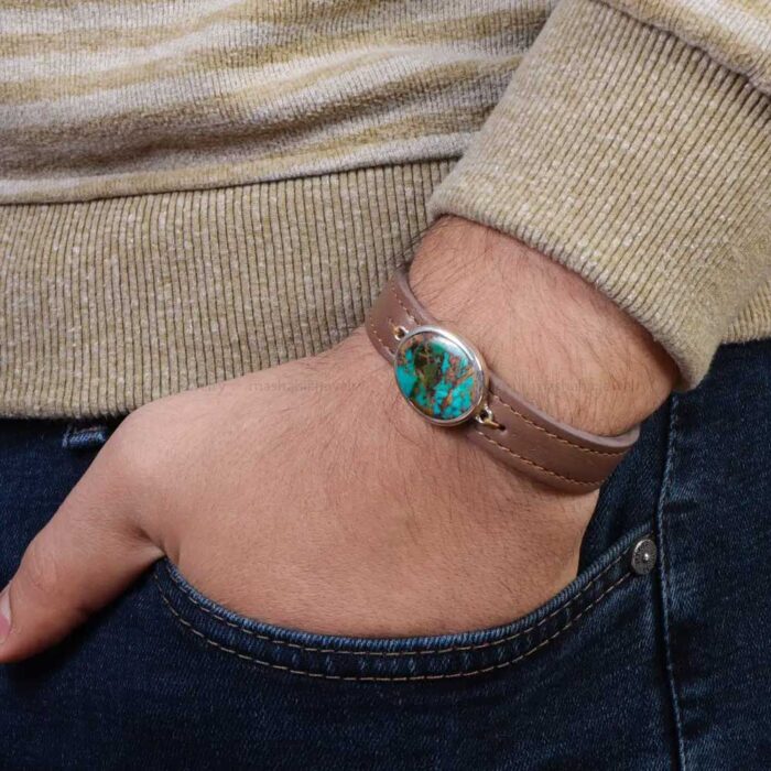 Firooze Bracelet Splendor, Real Neyshabur Turquoise on Chic Leather