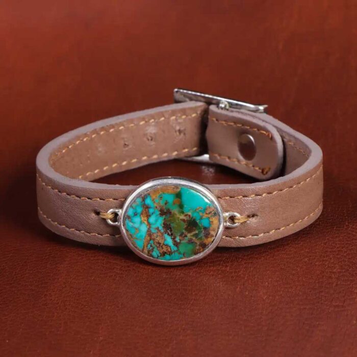 Firooze Bracelet Splendor, Real Neyshabur Turquoise on Chic Leather