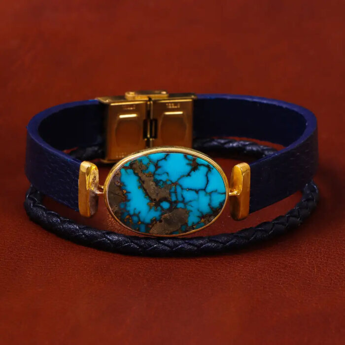 Neyshabur Turquoise Bracelet with Authentic Leather double strap