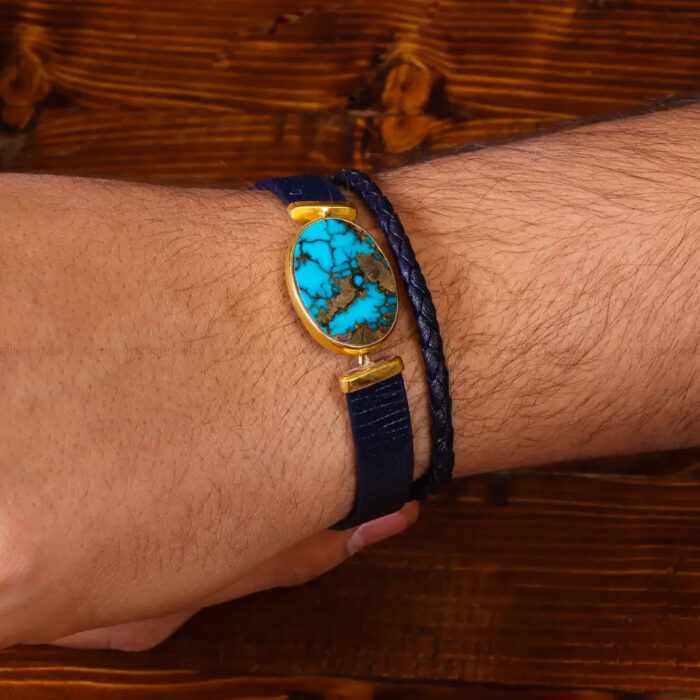 Neyshabur Turquoise Bracelet with Authentic Leather double strap