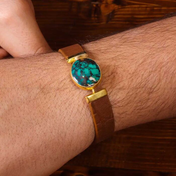 Turquoise Bracelet Radiance Shajari Firoozeh on Brown Leather Elegance