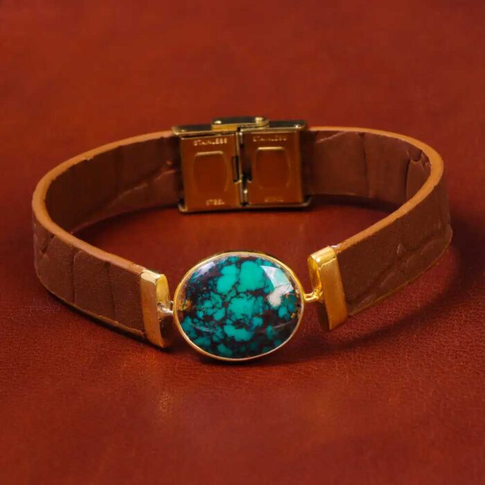 Turquoise Bracelet Radiance Shajari Firoozeh on Brown Leather Elegance