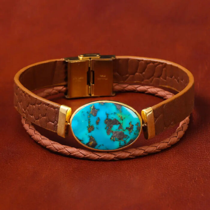 Turquoise Bracelet Harmony, Genuine Shajari Turquoise with Brown Leather Craft