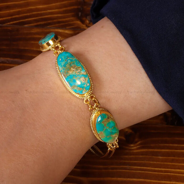 Neyshabur Turquoise Bracelet Gemstone on 925 silver with gold plating