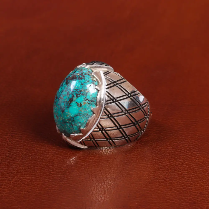 Nishaburi Turquoise Men’s Silver Ring - Exquisite Craftsmanship, Code 19519