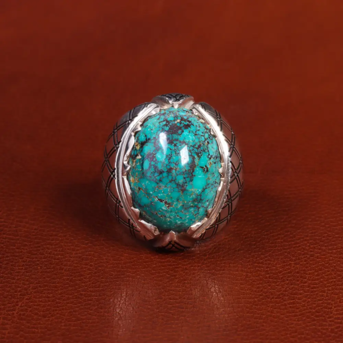 Nishaburi Turquoise Men’s Silver Ring - Exquisite Craftsmanship, Code 19519