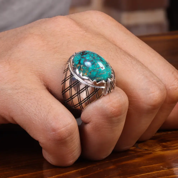 Nishaburi Turquoise Men’s Silver Ring - Exquisite Craftsmanship, Code 19519