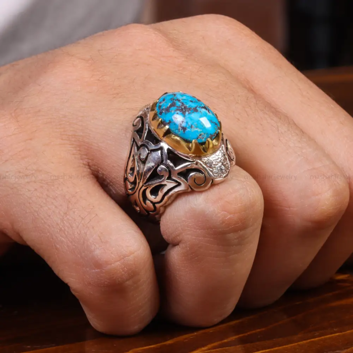 Elegant Silver Ring with Nishaburi Turquoise for Men, Code 19524