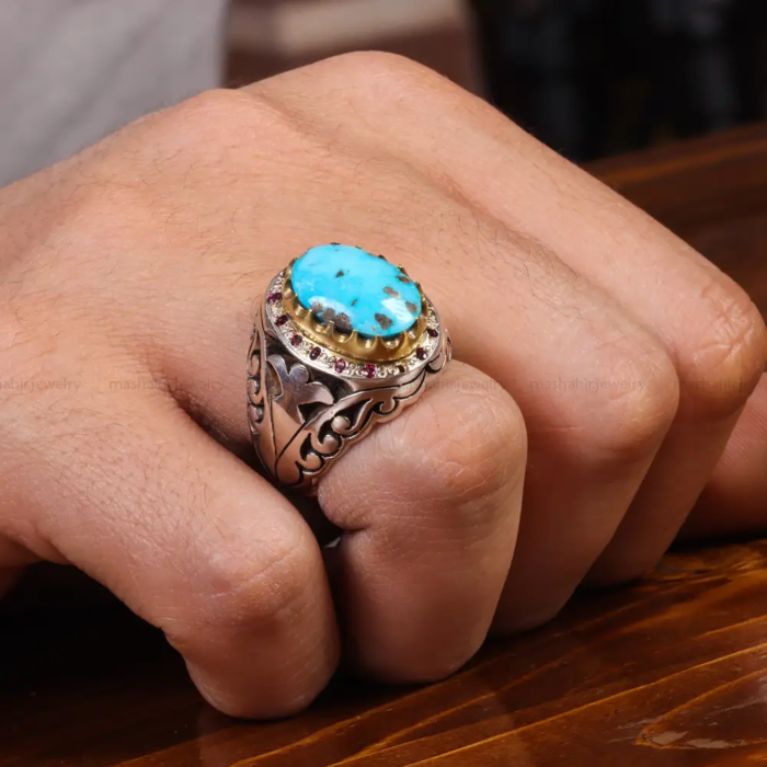 Men’s Silver Ring with Nishaburi Turquoise - Unique Design, Code 19531