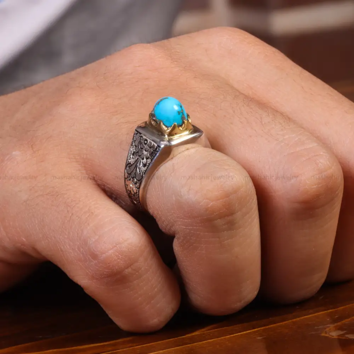 Refined Men’s Silver Ring with Nishaburi Turquoise Stone, Code 19557