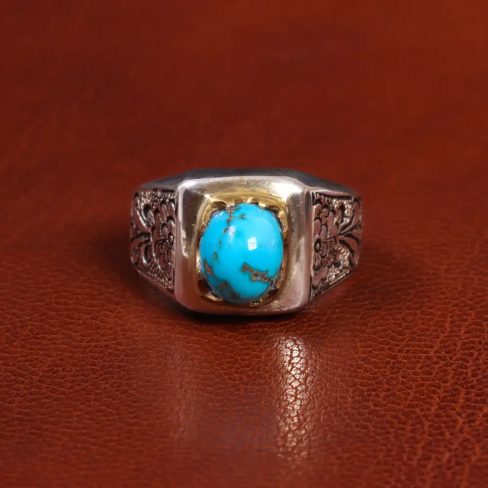 Refined Men’s Silver Ring with Nishaburi Turquoise Stone, Code 19557