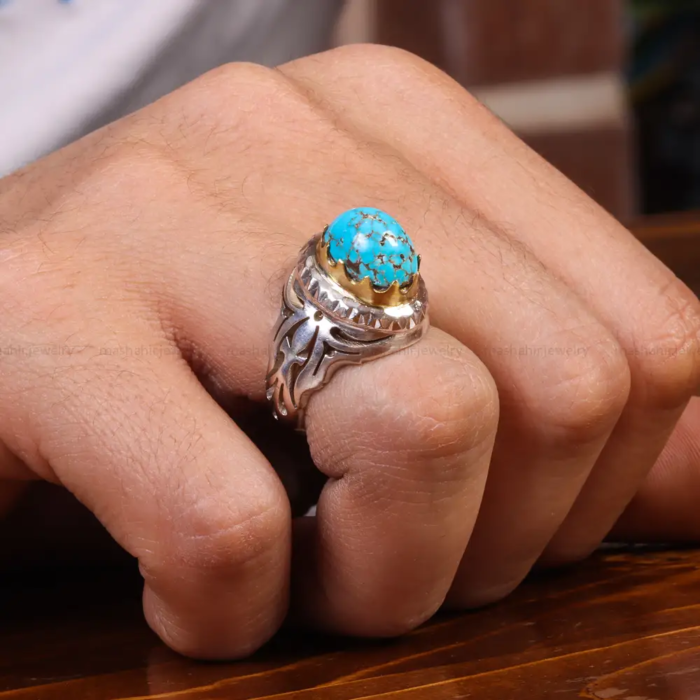 Men’s Silver Ring with Nishaburi Turquoise Detail, Code 19562