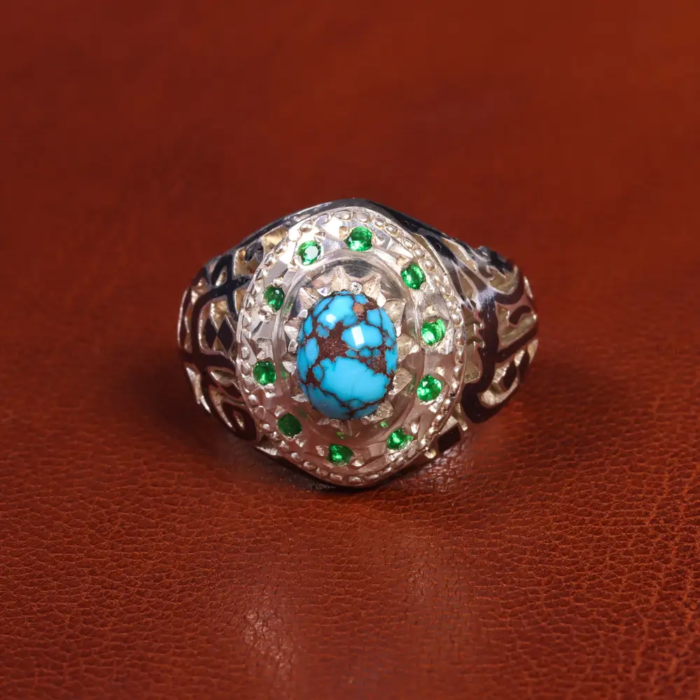 Men’s Sterling Silver Ring with Real Turquoise and Emerald Code 19568