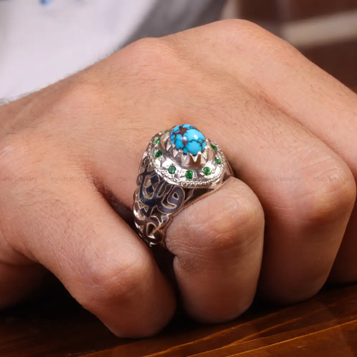 Men’s Sterling Silver Ring with Real Turquoise and Emerald Code 19568