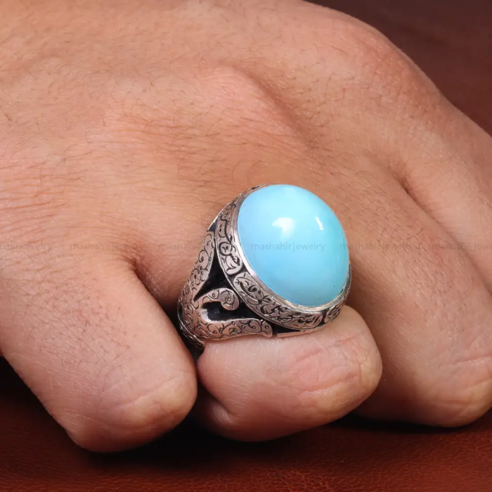 Handmade Men’s Silver Ring with Nishaburi Turquoise Gem, Code 19581