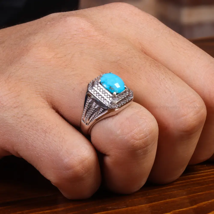 Premium Nishaburi Turquoise Men’s Silver Ring Design, Code 19584