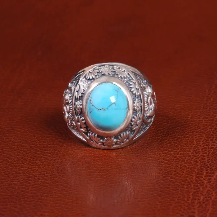 Men’s Silver Ring with Real Turquoise, Lion and Sun (Pahlavi Dynasty)