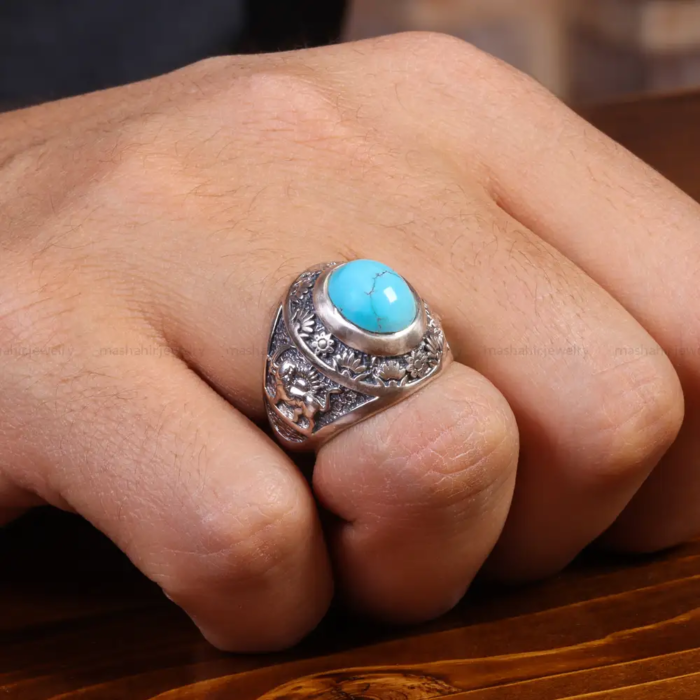 Men’s Silver Ring with Real Turquoise, Lion and Sun (Pahlavi Dynasty)