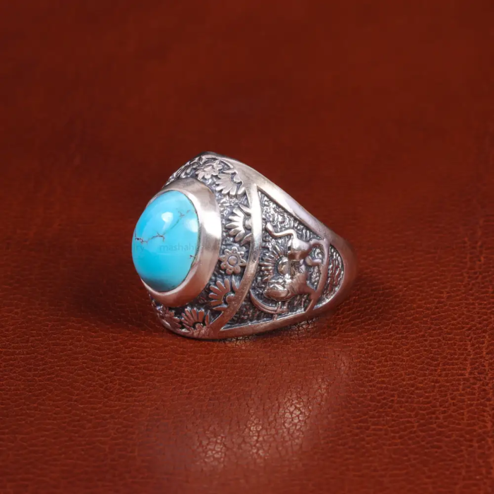 Men’s Silver Ring with Real Turquoise, Lion and Sun (Pahlavi Dynasty)