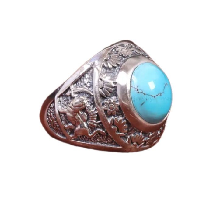 Men’s Silver Ring with Real Turquoise, Lion and Sun (Pahlavi Dynasty)