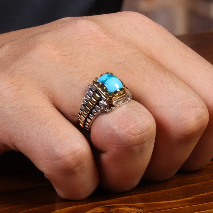 Men’s Silver Ring with Real Nishaburi Turquoise Stone