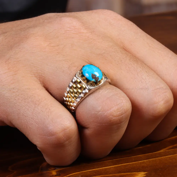 Sophisticated Men’s Silver Ring with Nishaburi Turquoise Accent