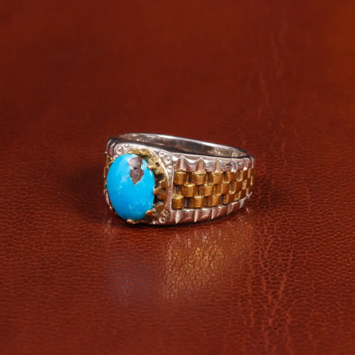 Sophisticated Men’s Silver Ring with Nishaburi Turquoise Accent