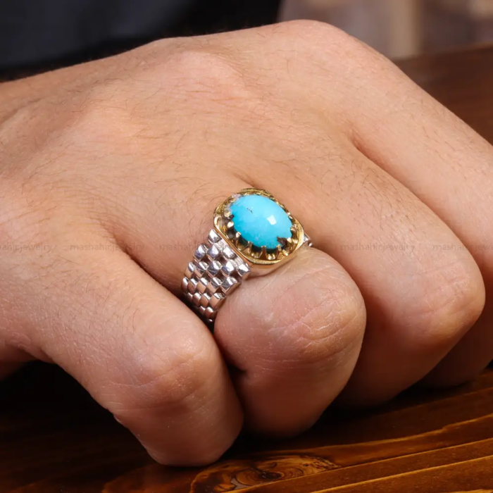 Real Nishaburi Turquoise Embellished Men’s Silver Ring