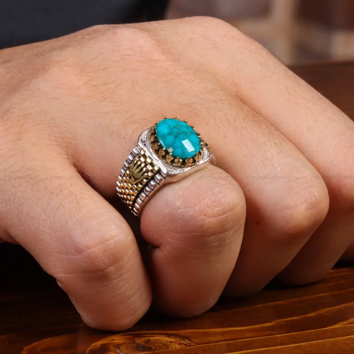 Men’s Silver Ring with Rare Persian Turquoise Gem