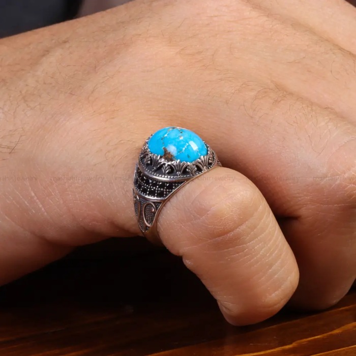 Vintage Style Men’s Silver Ring with Iranian Turquoise