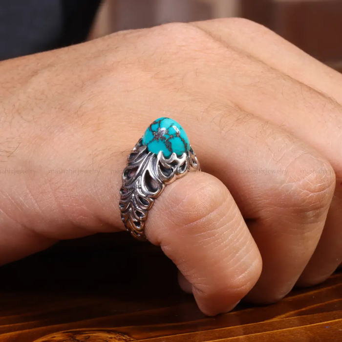 Men's Silver Ring with Real Nishaburi Turquoise