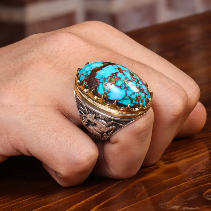 Men’s Fine Silver Ring with Authentic Nishaburi Turquoise, Code 19657