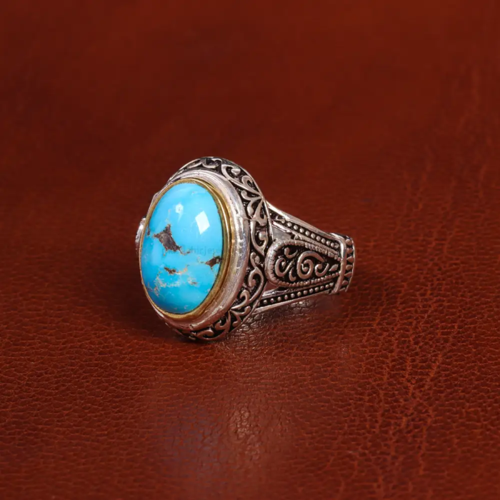 Nishaburi Turquoise Inlaid Men’s Silver Ring, Code 19500