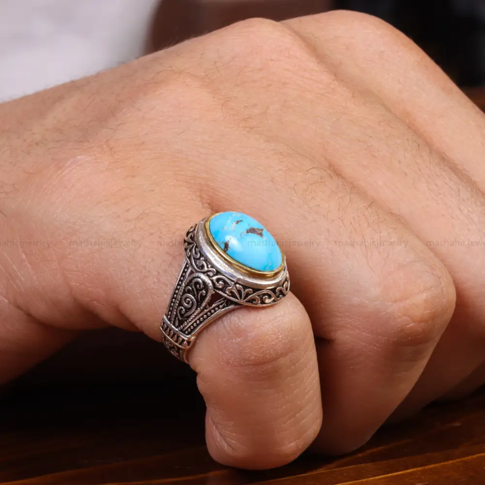 Nishaburi Turquoise Inlaid Men’s Silver Ring, Code 19500