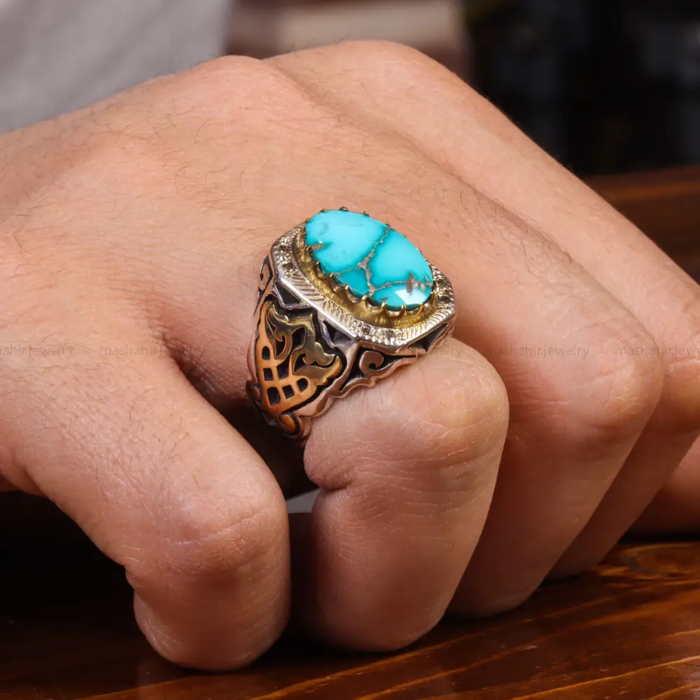 Nishaburi Turquoise Accent Men’s Silver Ring, Code 19530