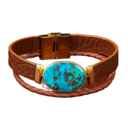 Turquoise Bracelet Harmony, Genuine Shajari Turquoise with Brown Leather Craft