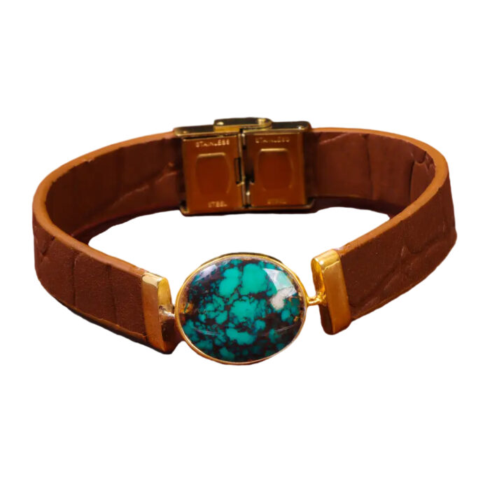 Turquoise Bracelet Radiance Shajari Firoozeh on Brown Leather Elegance