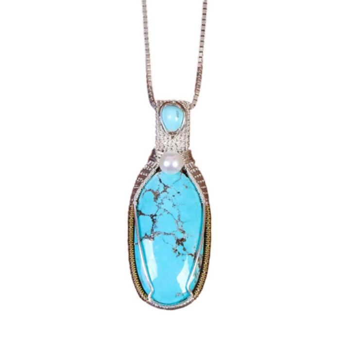 Artisan Real Turquoise Gem Necklace with Silver Frame for Women